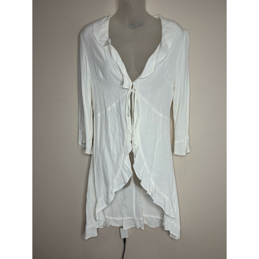Boho Cotttagecore flowy Lightweight White Ruffle Tie-Front Cardigan size medium
